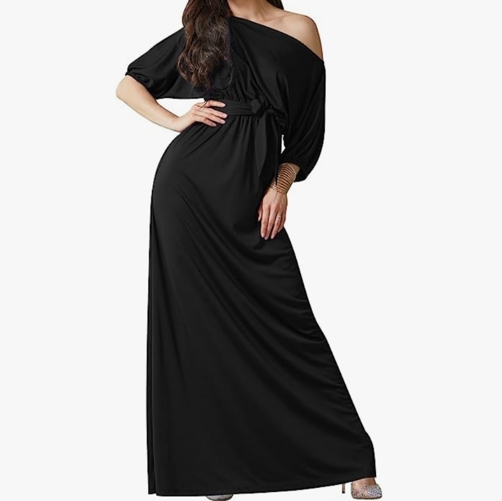 KOH KOHLong  One Shoulder Flowy 3/4  Sleeve Maxi Dress in Black Size M